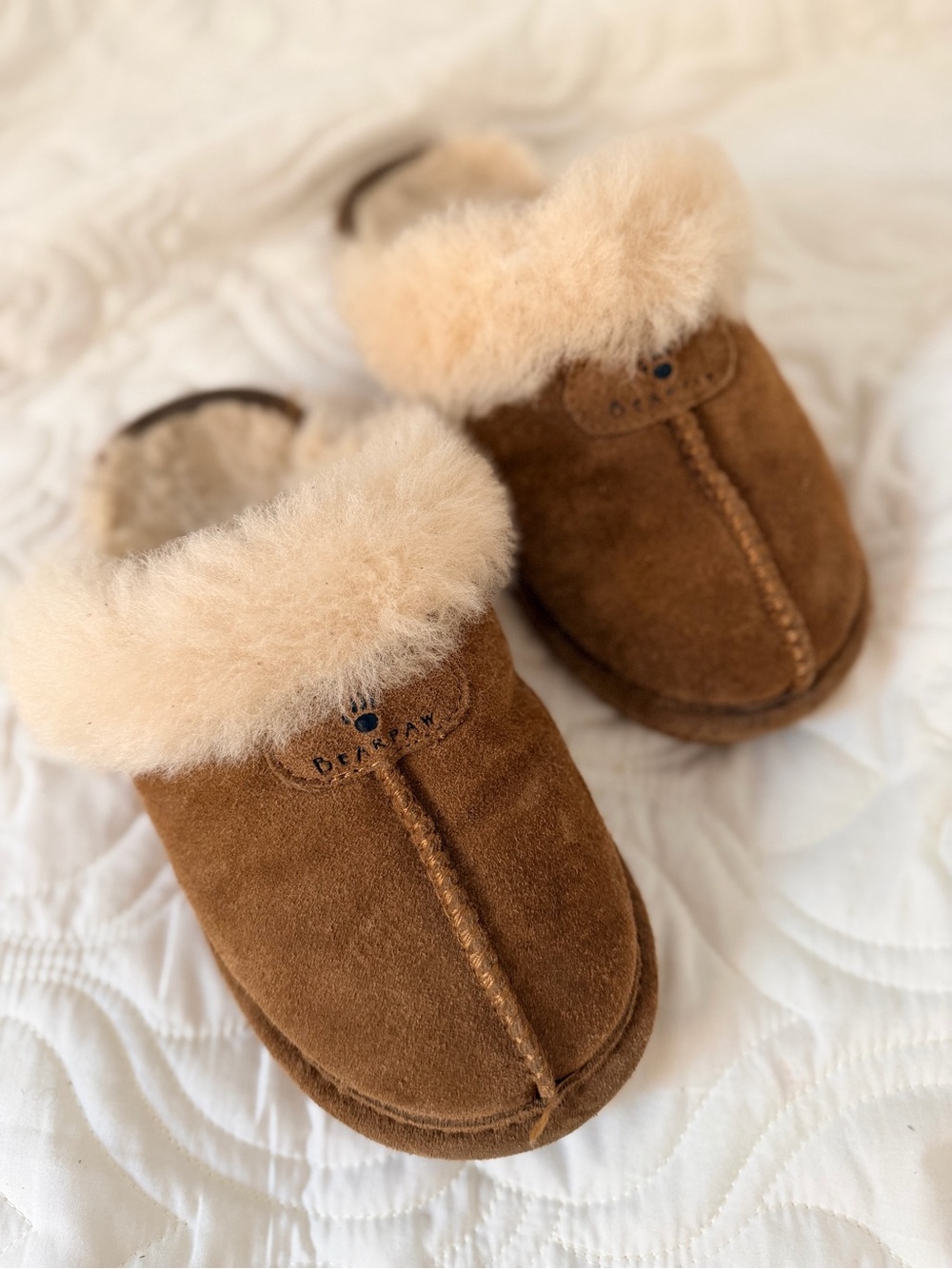 BearPaw Brown Suede Shearling-Lined Slipper Clog with Cream Fur Trim